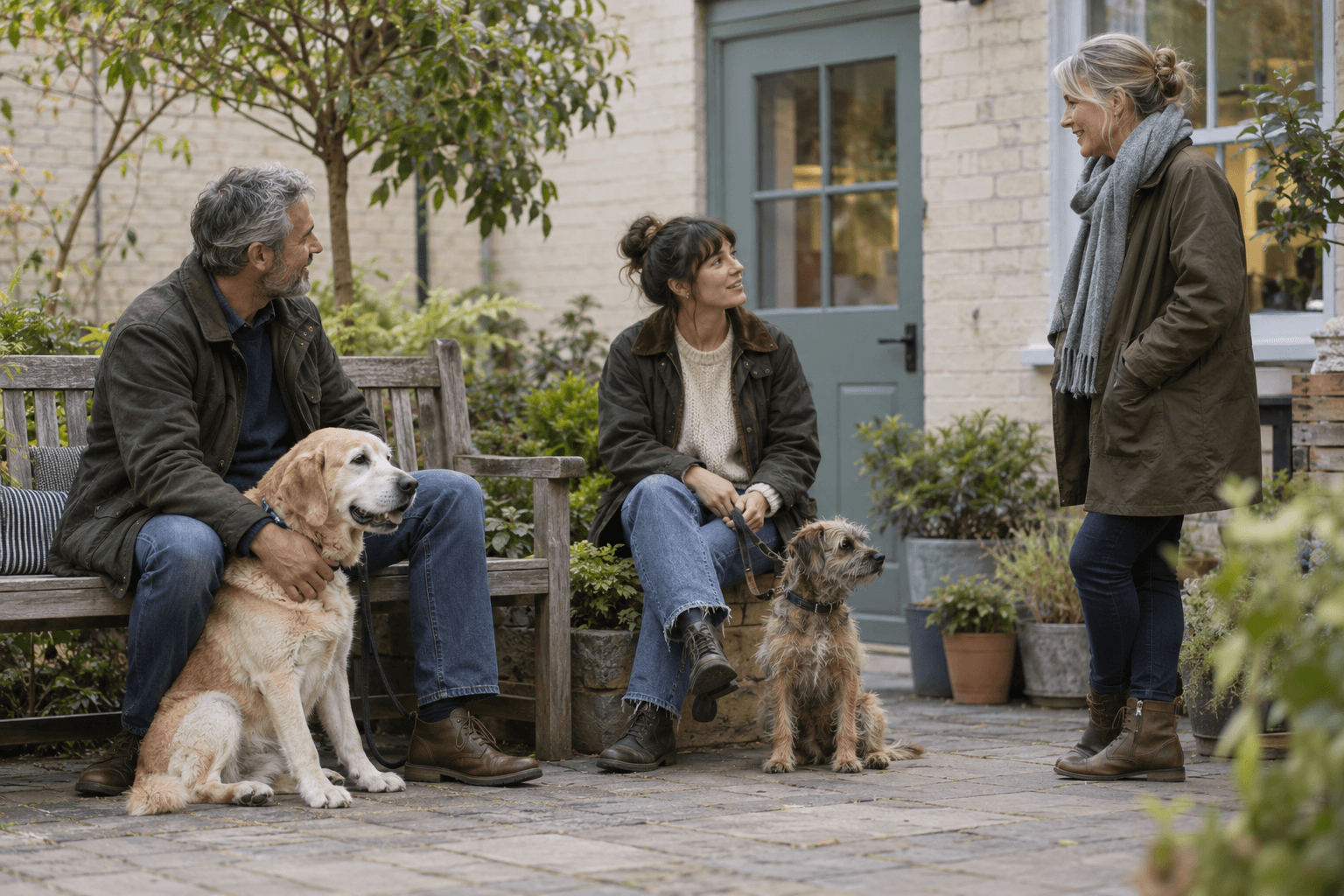 Three pet owners chatting with their dogs in a leafy courtyard.