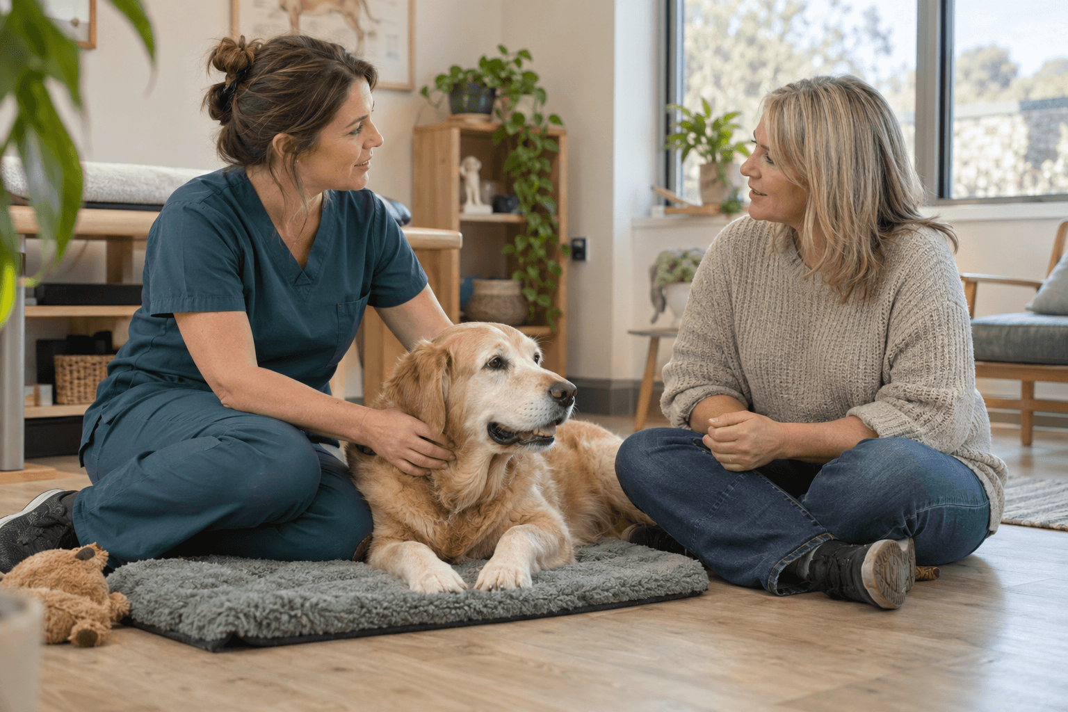 A practitioner and pet owner sitting with a relaxed older dog in a welcoming consultation room.