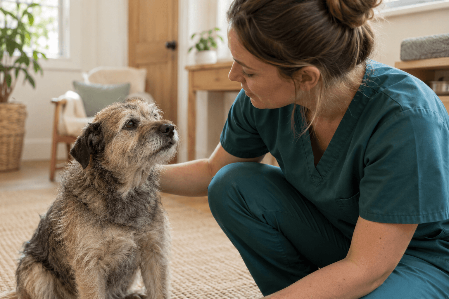 A practitioner in teal scrubs sharing a quiet moment with an older terrier.