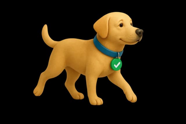 Scout, the PetsLikeMine mascot, trotting alongside the sign-up buttons