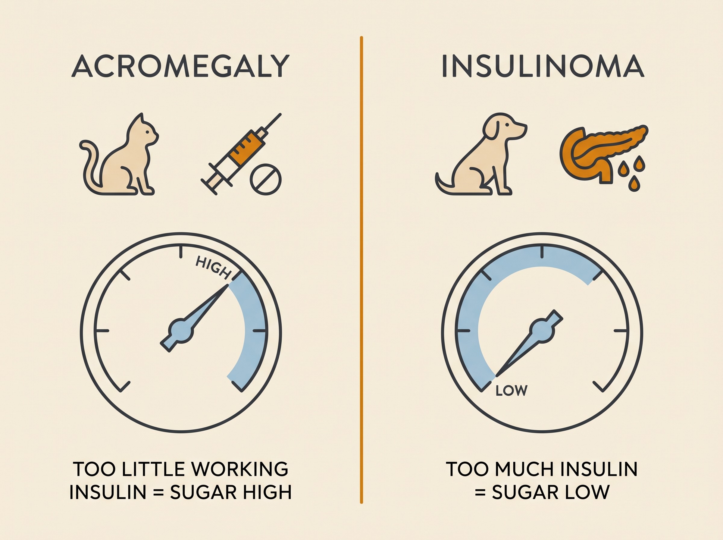 Side-by-side panels: acromegaly means too little working insulin so sugar runs high in cats, insulinoma means too much insulin so sugar runs low in dogs