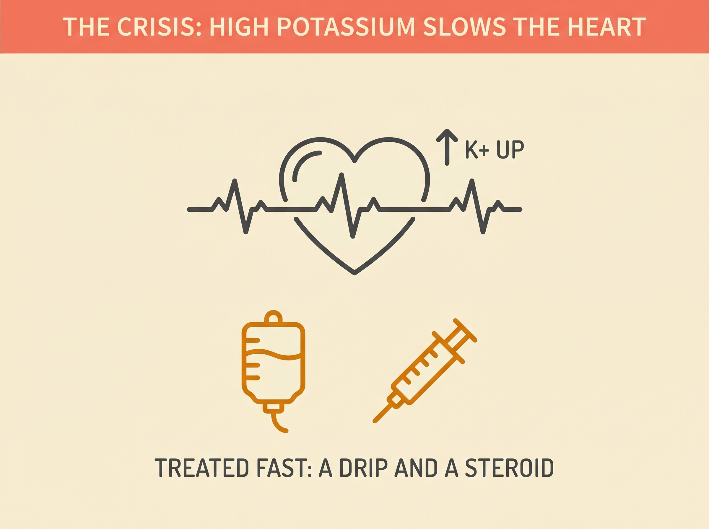 Heart icon with a rising potassium marker and slowed heartbeat line, above a drip and syringe shown as fast treatment