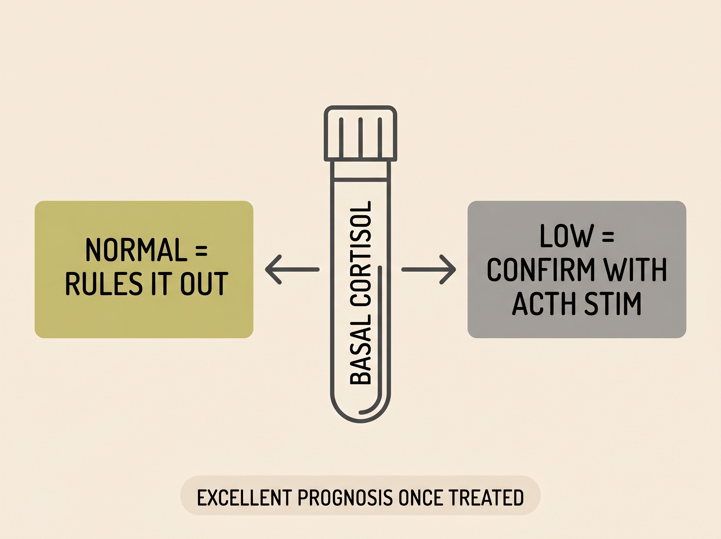 Diagram of a basal cortisol blood test branching to normal rules-it-out and low confirm-with-ACTH outcomes