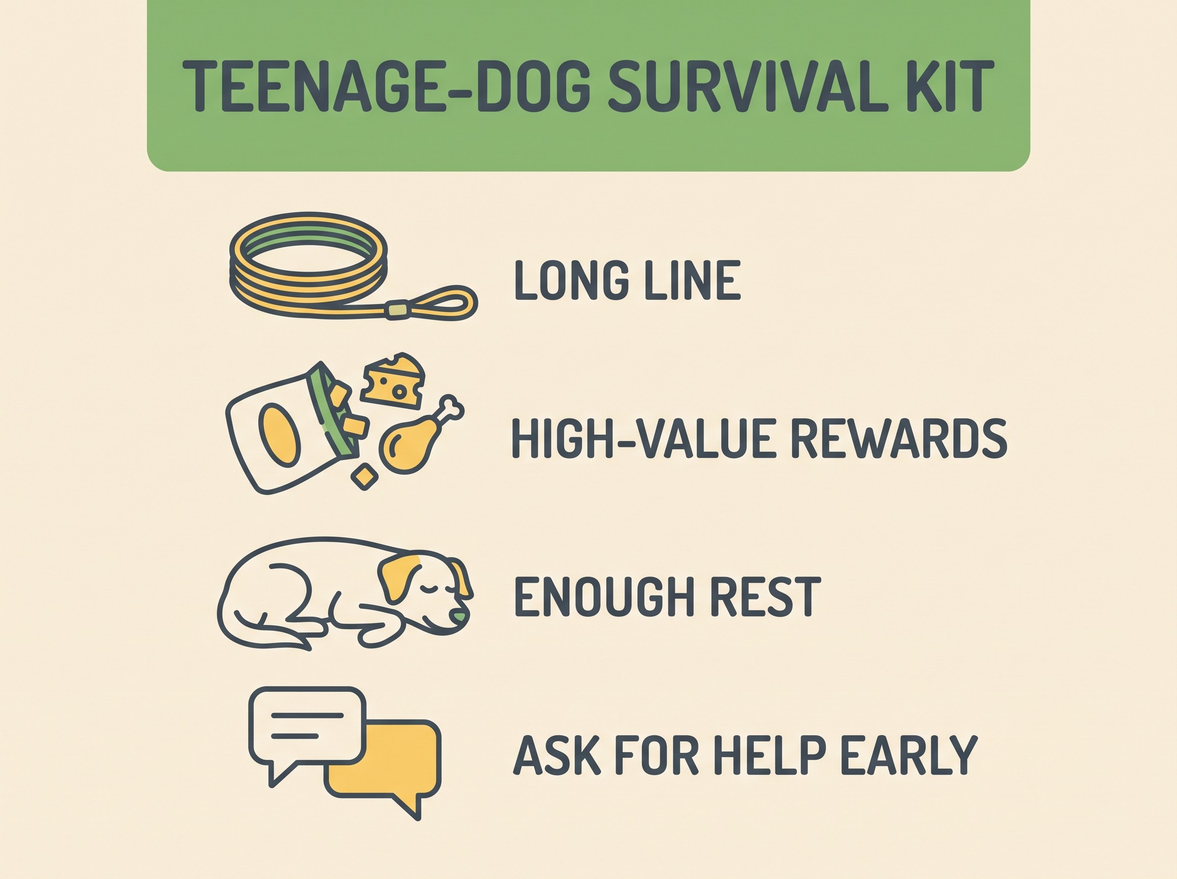 Flat vector card on oat-cream background with a spring-green header reading "TEENAGE-DOG SURVIVAL KIT" over four warm-slate icon rows: a long training line, a cheese-and-chicken high-value treat pouch, a sleeping dog labelled "ENOUGH REST", and two speech bubbles labelled "ASK FOR HELP EARLY"