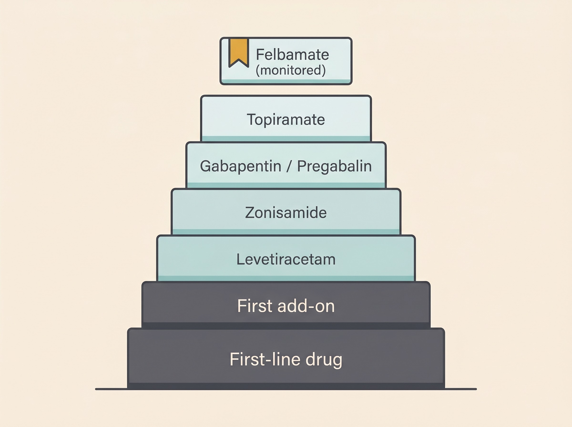 A clean flat illustration on cream of a layered medication tower for refractory canine epilepsy, with a foundation block labelled "First-line drug", a second block "First add-on", and lighter blocks stacked above labelled "Levetiracetam", "Zonisamide", "Gabapentin / Pregabalin", "Topiramate" and a separate red-flagged reserve block "Felbamate (monitored)", soft charcoal and teal palette