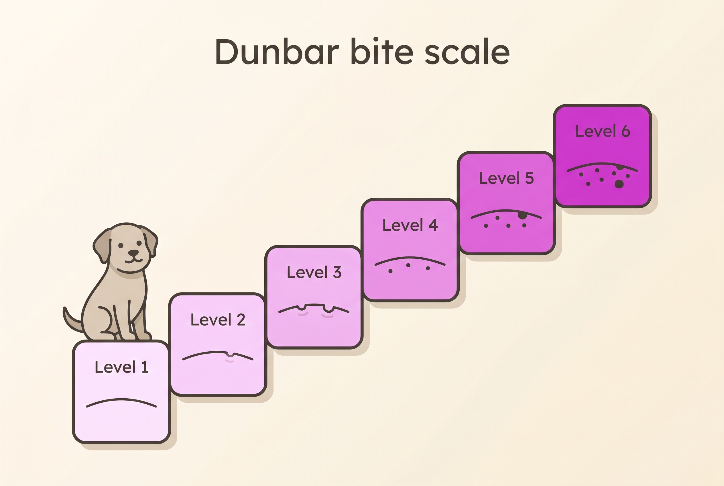 A six-level chart describing dog bites from no skin contact at level one up to deep multiple punctures at level five and a fatality at level six