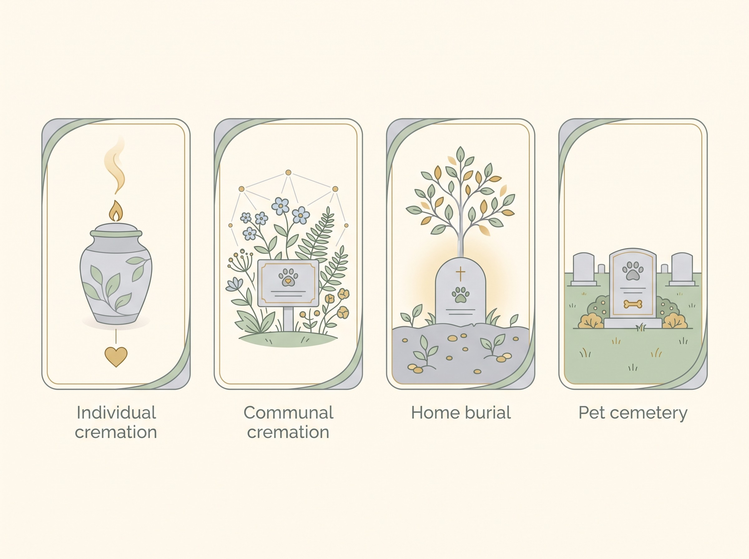 Four gentle line-icon panels on a cream background comparing UK aftercare options: an individual cremation panel showing a single urn with ashes returned, a communal cremation panel showing a shared garden of remembrance with ashes not returned, a home burial panel showing a tree over a garden grave, and a pet cemetery panel showing a small headstone, each labelled with what it does and does not include