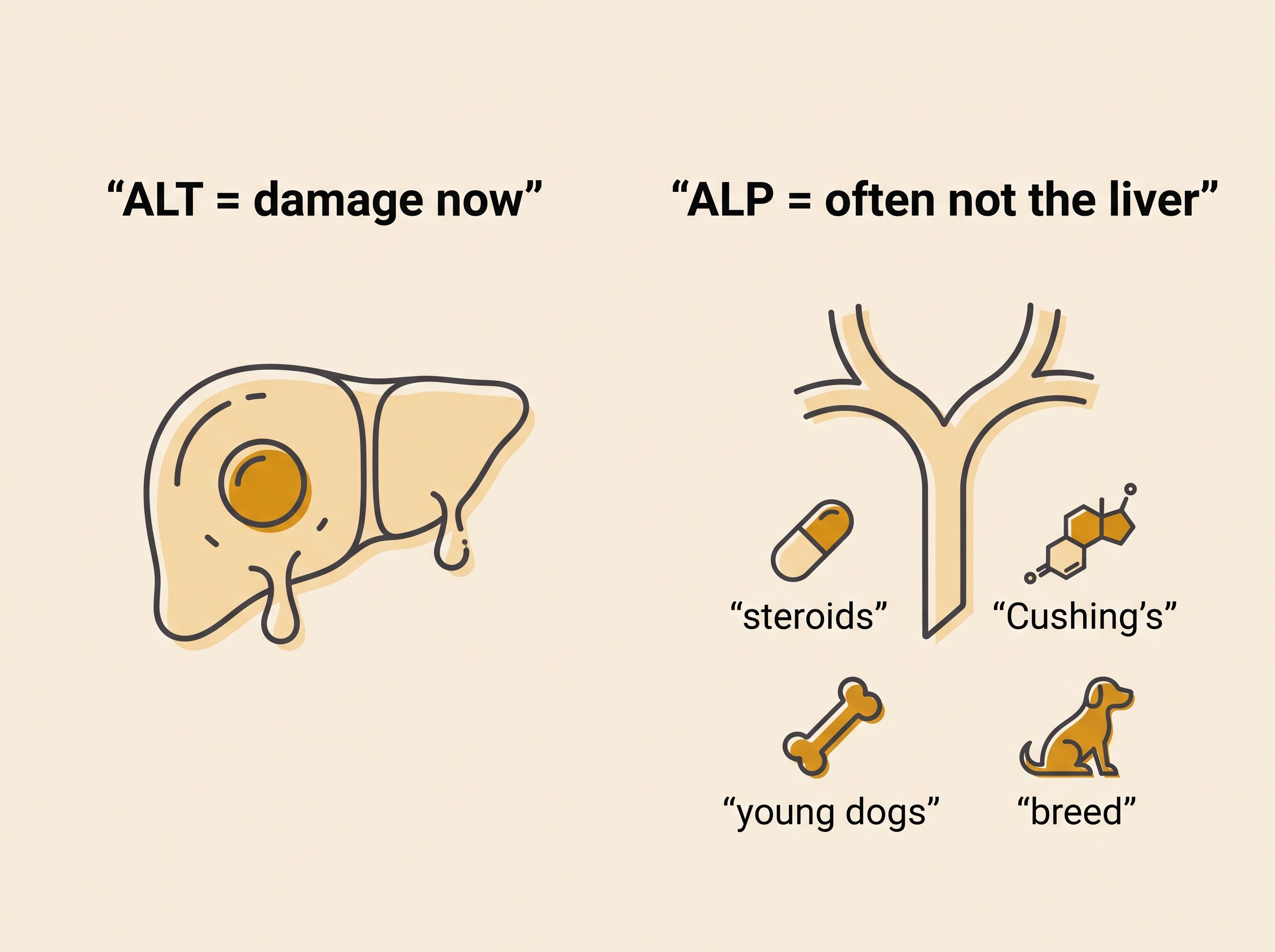 A flat-vector two-column comparison, ALT column showing a leaking liver cell labelled damage now, ALP column showing bile ducts plus icons for steroids Cushings bone and breed labelled often not the liver, on cream with charcoal and amber