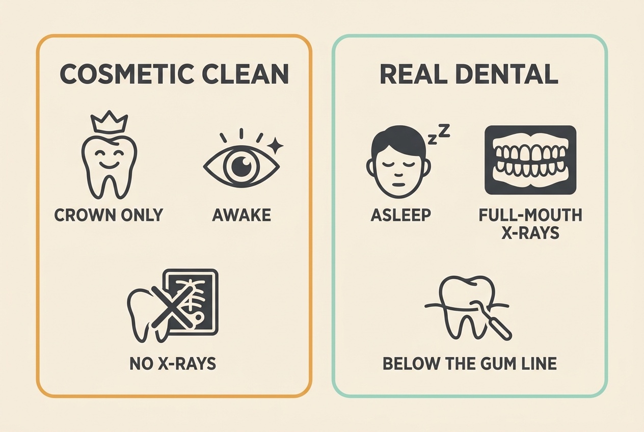 Two side-by-side cards. The left card, in amber, reads "COSMETIC CLEAN: crown only, awake, no x-rays, disease left below the gum line". The right card, in mint, reads "REAL DENTAL: asleep, full-mouth x-rays, cleaned below the gum line, disease treated".