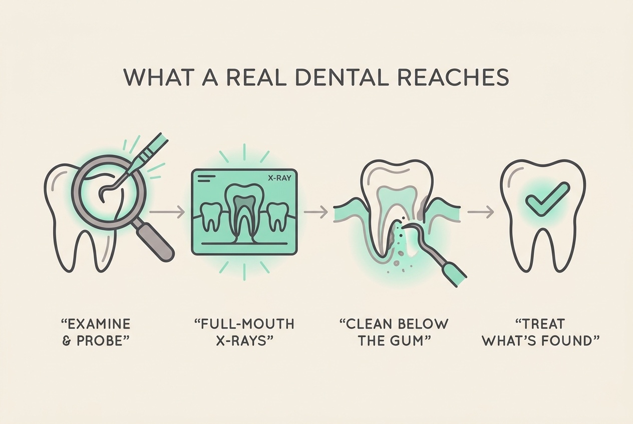 An icon row of four steps under the heading "WHAT A REAL DENTAL REACHES": a magnifier over a tooth ("EXAMINE & PROBE"), an x-ray film ("FULL-MOUTH X-RAYS"), a scaler working below a gum line ("CLEAN BELOW THE GUM"), and a tooth with a tick ("TREAT WHAT'S FOUND").