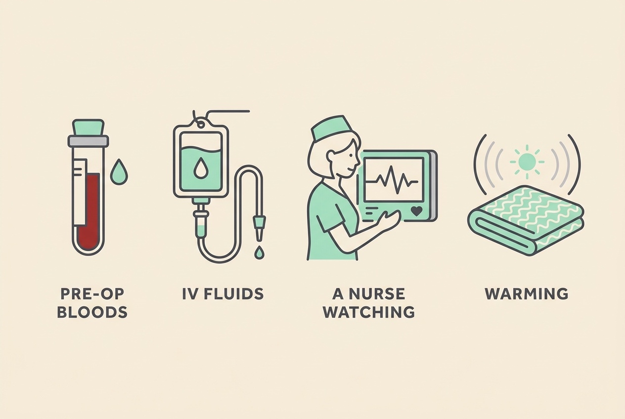 A row of four flat icons on cream reading "PRE-OP BLOODS", "IV FLUIDS", "A NURSE WATCHING" and "WARMING", mint accent, soft charcoal linework.