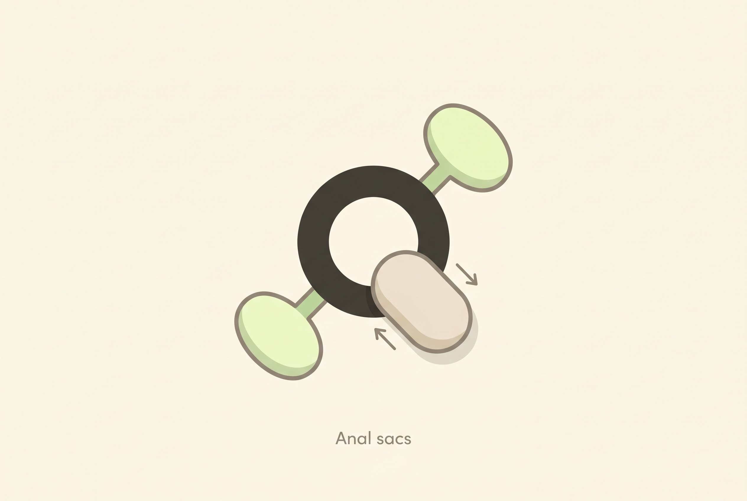 Stylised flat illustration of the paired anal sacs either side of a dog's anus, with a firm stool pressing on them as it passes