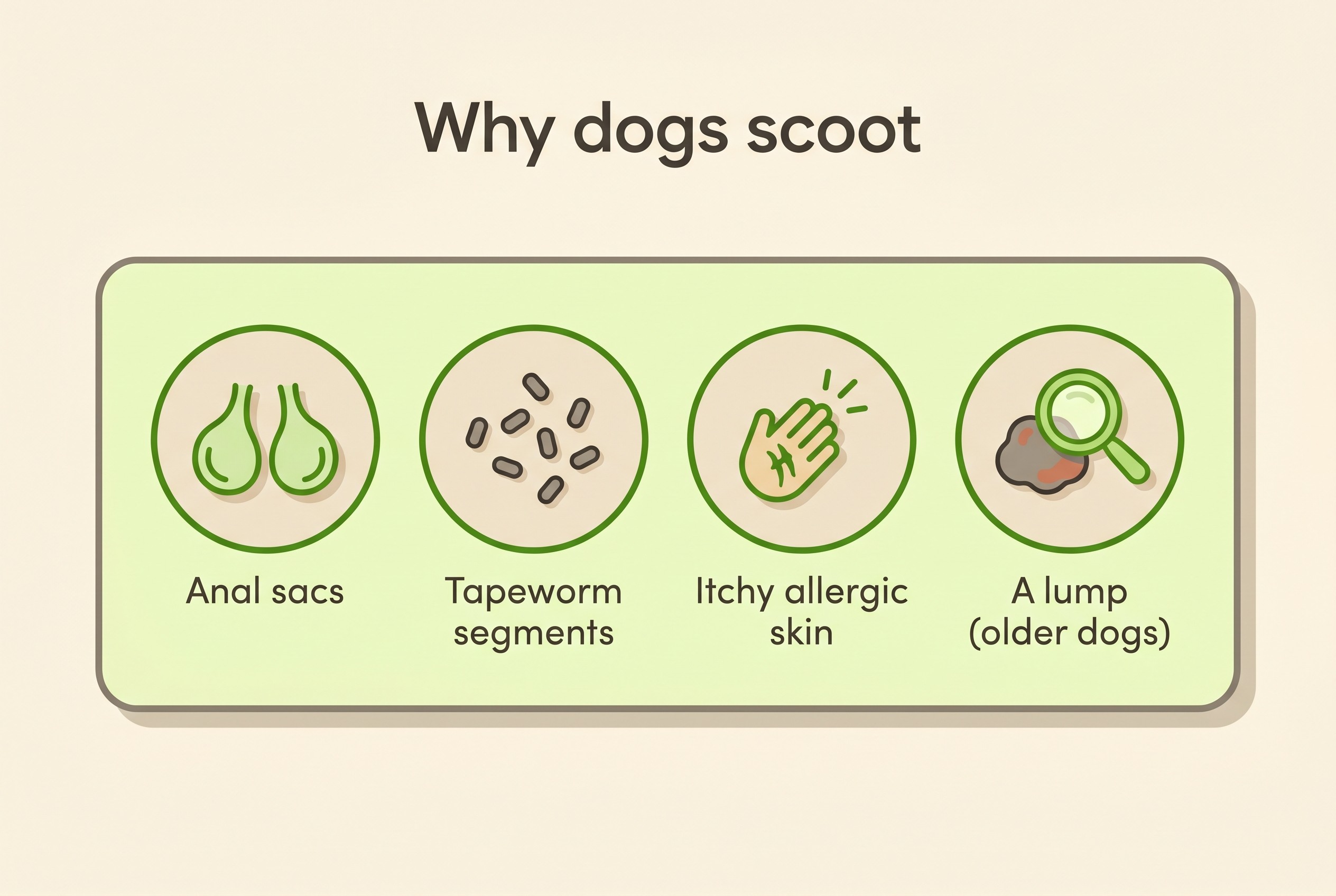 Flat, stylised prompt showing four causes of scooting: anal sacs, tapeworm segments, itchy allergic skin, and a lump in an older dog