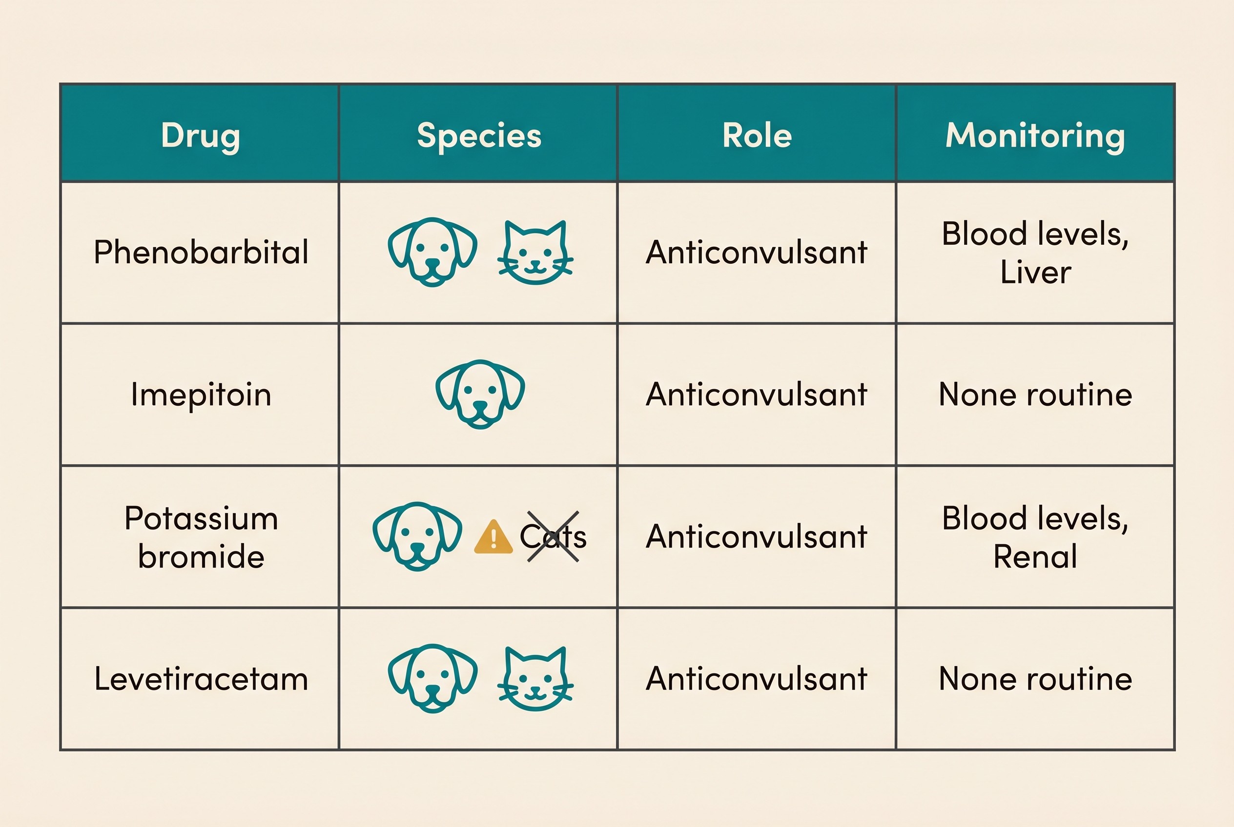 A four-column comparison table on a soft cream background showing the four main anti-seizure drugs with columns for Drug, Species, Role and Monitoring, with phenobarbital marked for dog and cat, imepitoin dog-only, potassium bromide dog-only with a red warning for cats, and levetiracetam for dog and cat