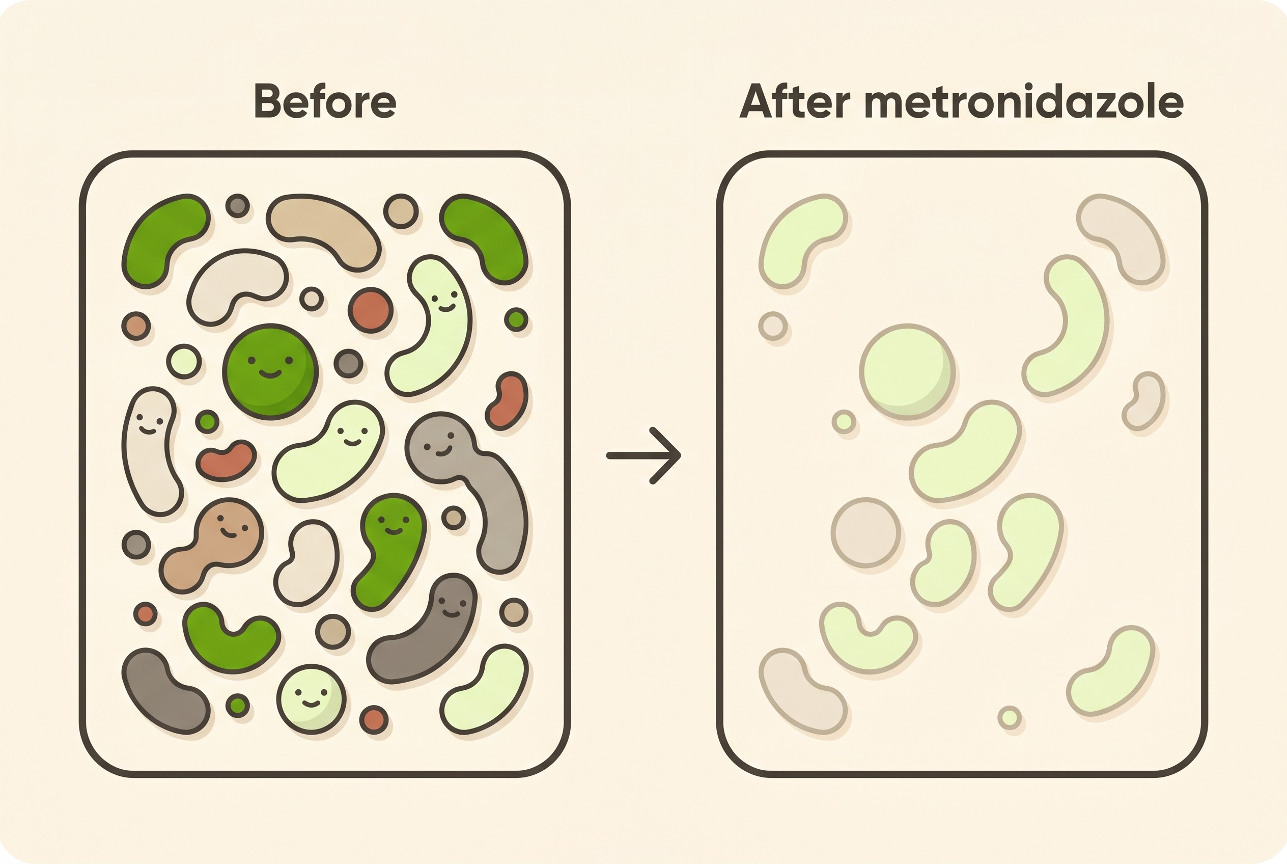 A simple before-and-after of a dog's gut bacteria, a diverse healthy community on the left and a thinned-out, less diverse one on the right after a course of metronidazole