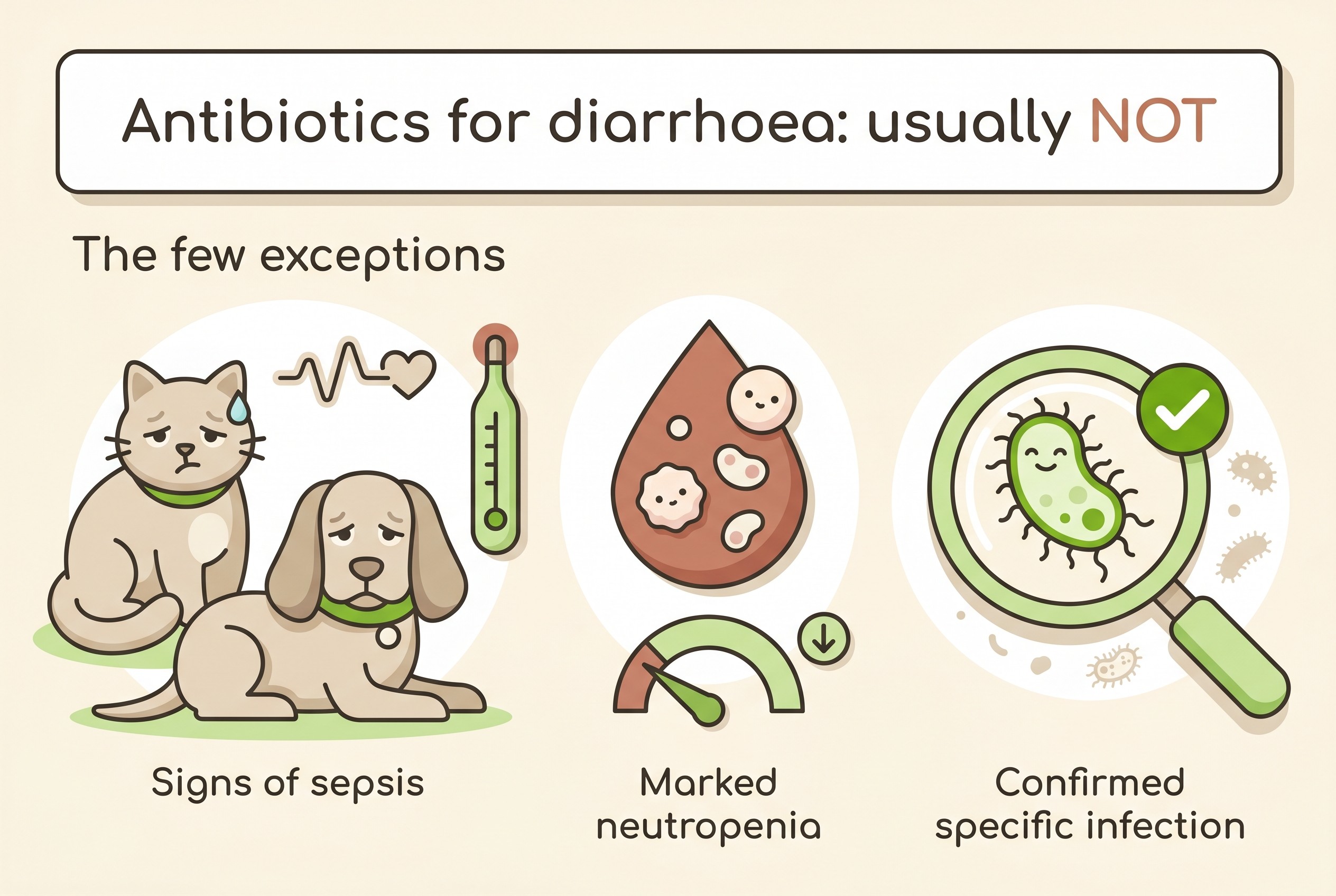 A clear panel headed "Antibiotics for diarrhoea: usually NOT", listing the rare exceptions where they genuinely help: signs of sepsis, marked neutropenia, and a confirmed specific infection