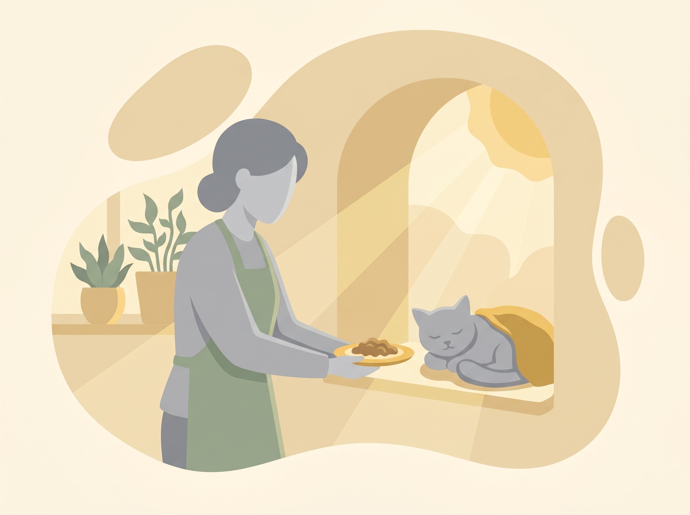 A person gently offering a small plate of warmed food by hand to a resting senior pet in a sunny spot