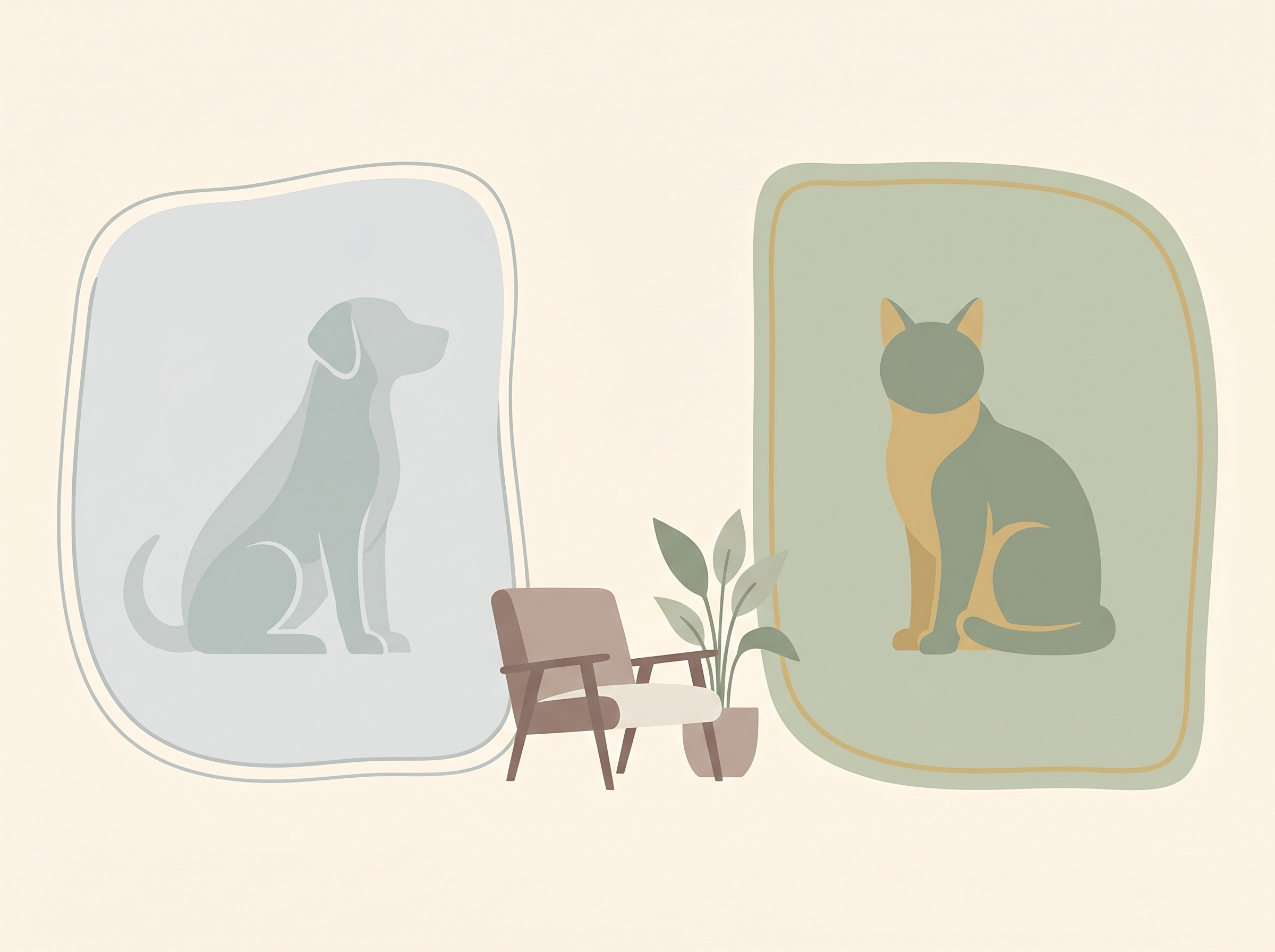A warm flat-vector illustration on a cream field showing two soft, separate spaces side by side: on the left, the faded, remembered silhouette of a past pet held in a gentle outline; on the right, a new, fully present companion sitting in its own clear space, with calm room between the two and no overlap.
