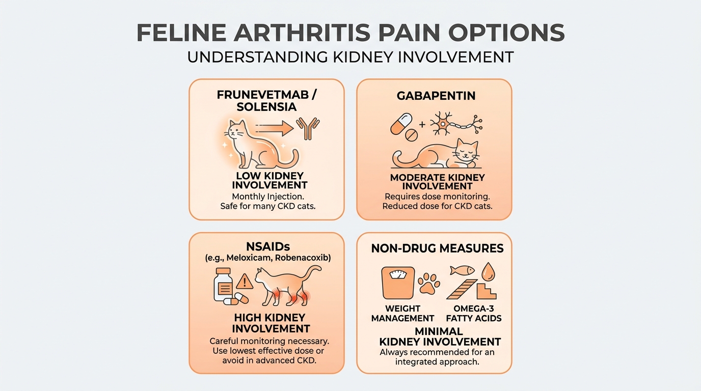Feline arthritis pain options arranged by their relationship to the kidneys