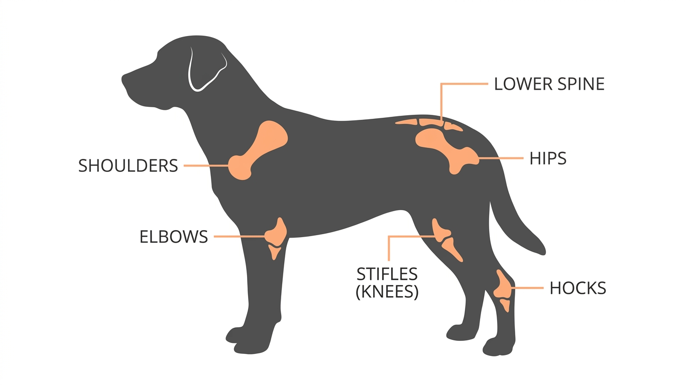 A clean infographic of a dog in profile silhouette with the most commonly affected joints highlighted in soft orange and labelled: hips, elbows, shoulders, stifles, hocks and lower spine
