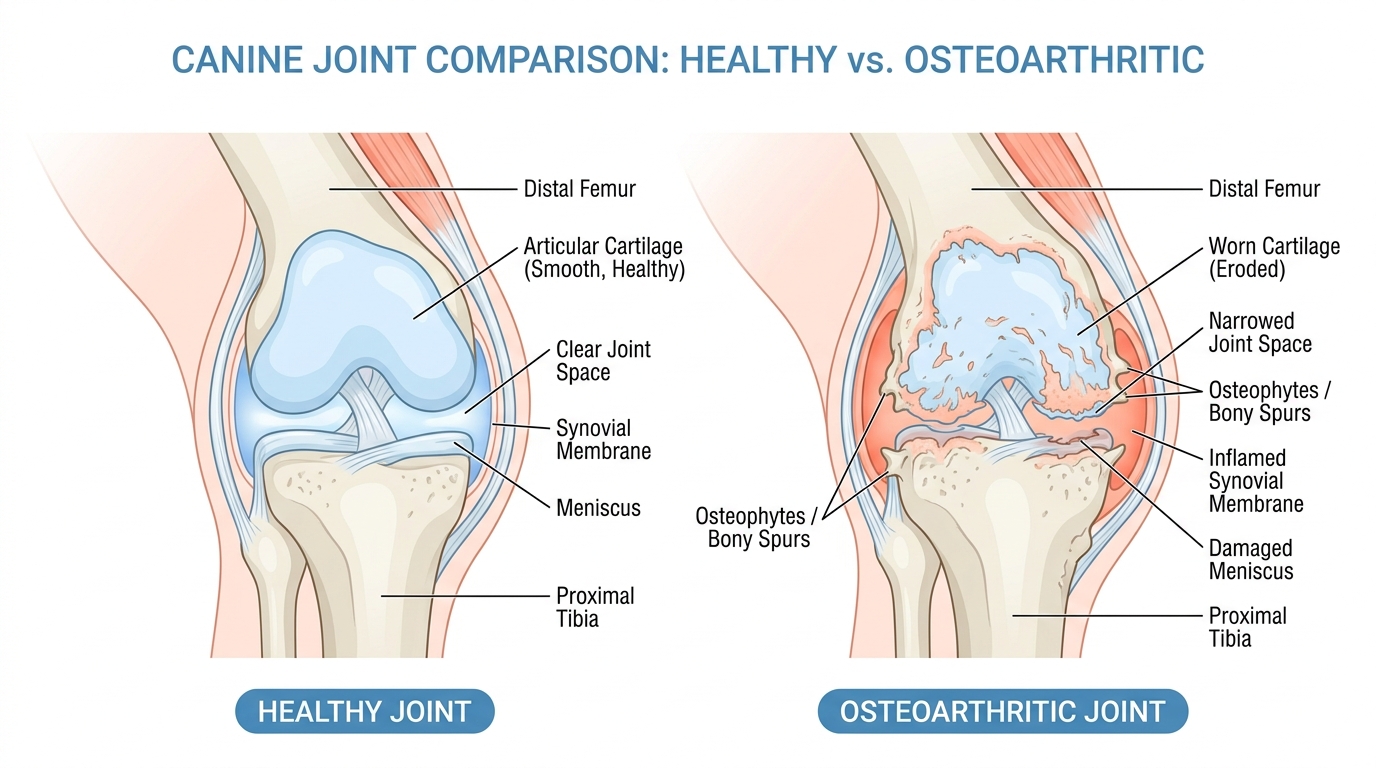 A medical illustration comparing a healthy canine joint with smooth cartilage and a clear joint space against an osteoarthritic joint with worn cartilage, a narrowed space and small bony spurs