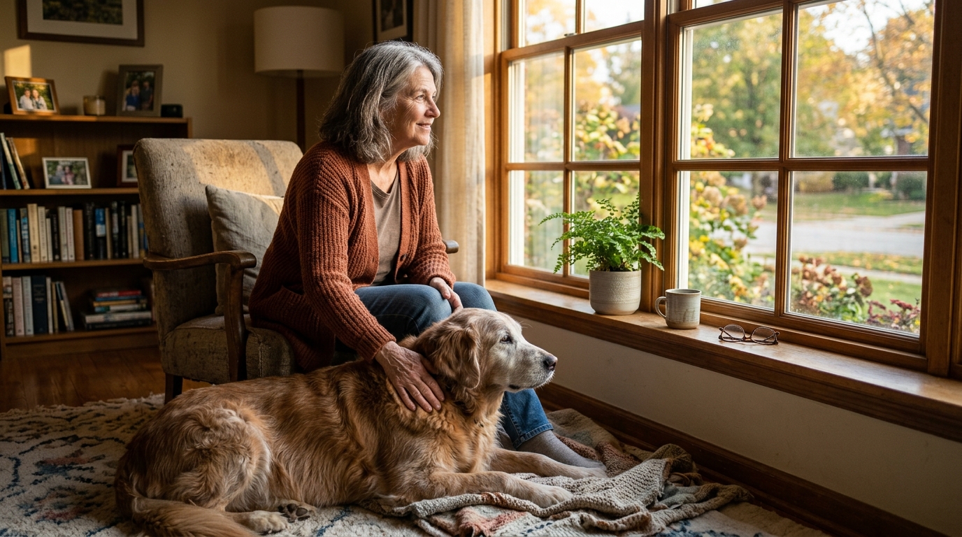 A dog owner and their senior dog sitting together by a window in warm afternoon light, the owner's hand resting gently on the dog, both calm and hopeful