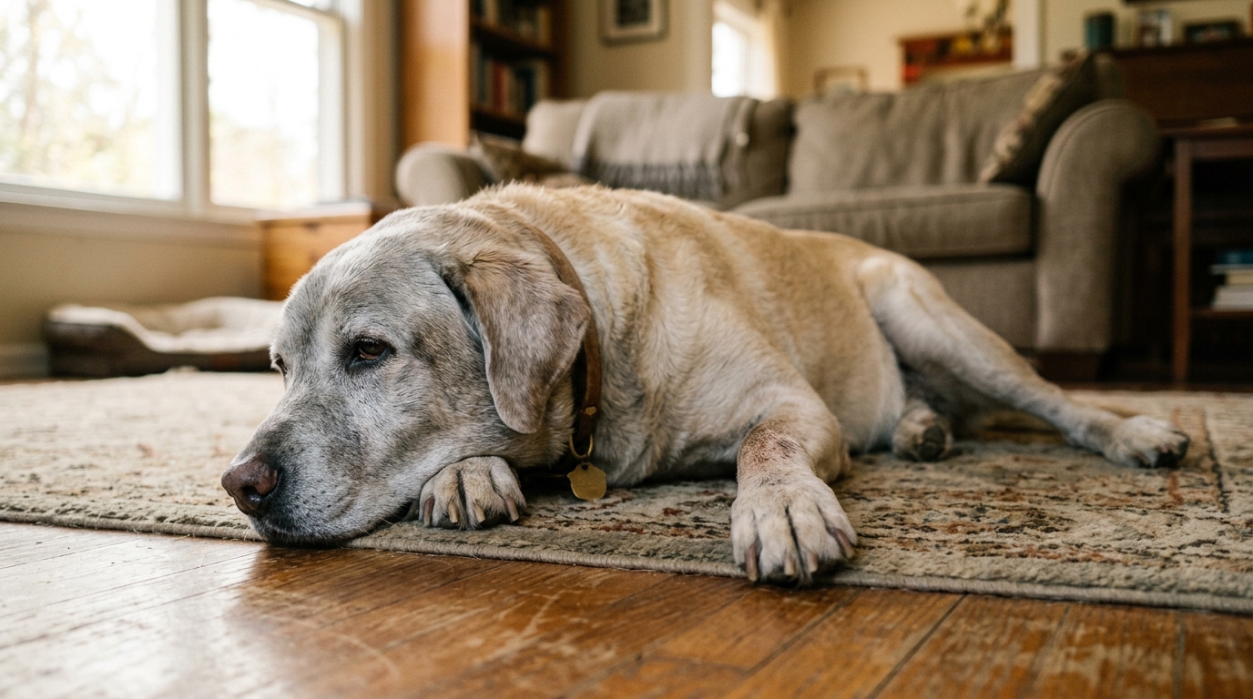 A senior Labrador lying quietly on a living-room floor, photographed at floor level in soft natural light