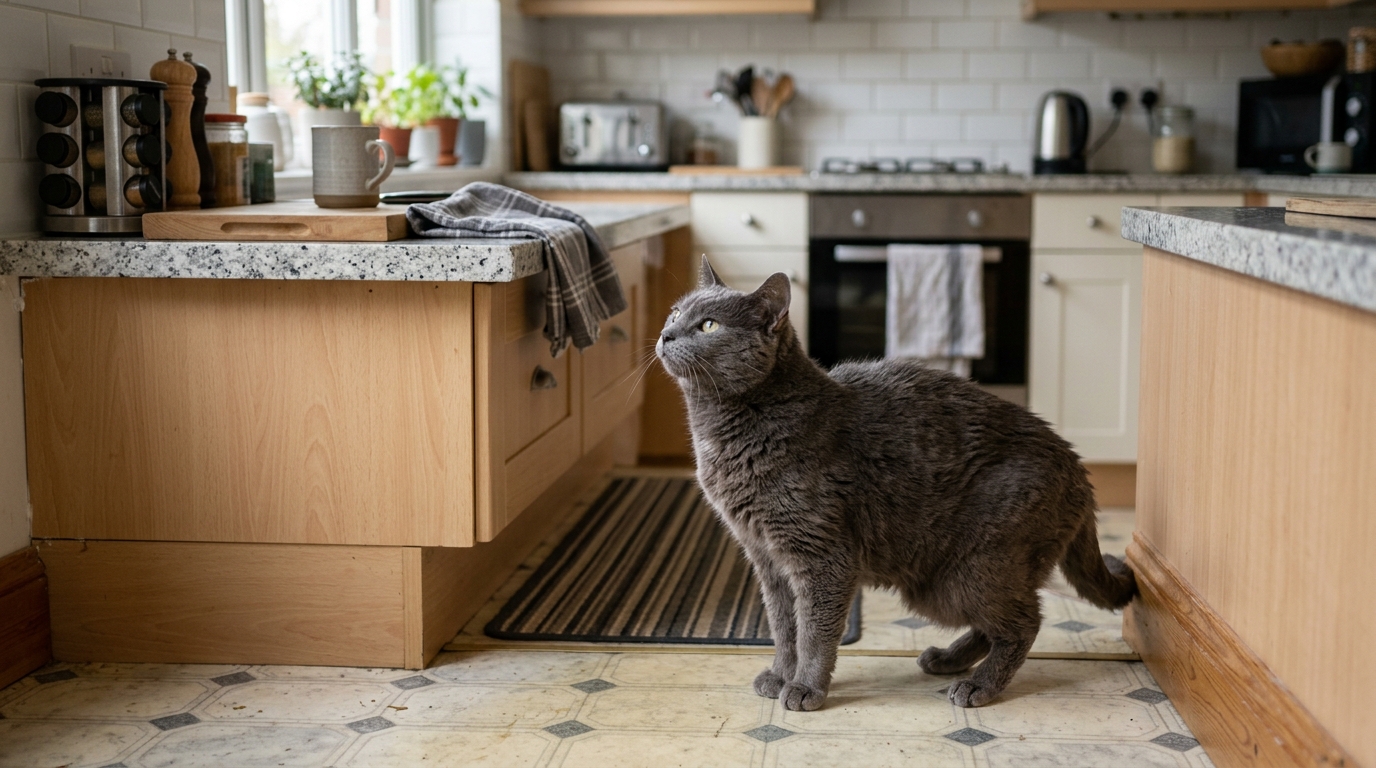 An elderly grey cat hesitating at the base of a kitchen counter, looking upward as if calculating whether to jump, natural indoor light