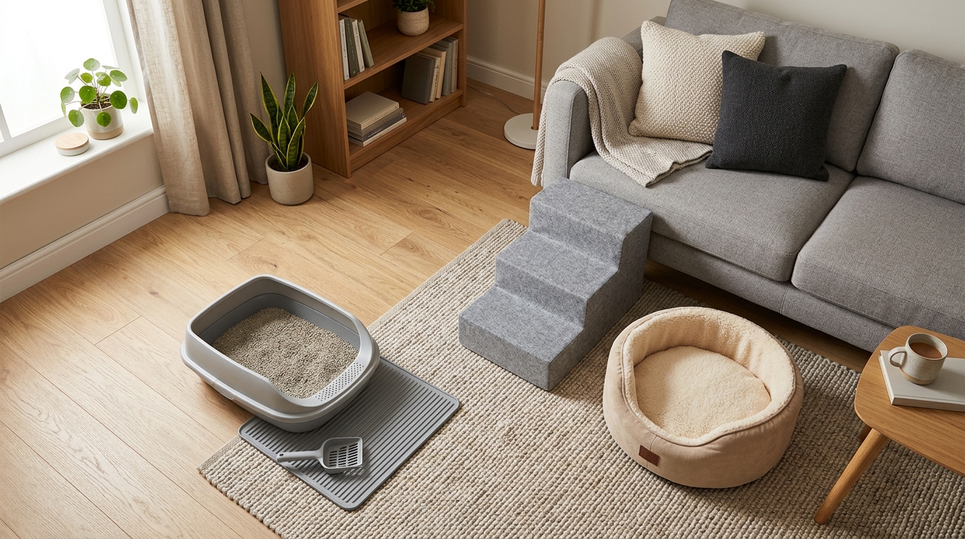 An overhead view of cat-friendly home modifications in a warm living room: a low-entry litter tray, small pet steps up to a sofa, and a heated cat bed, interiors-magazine styling