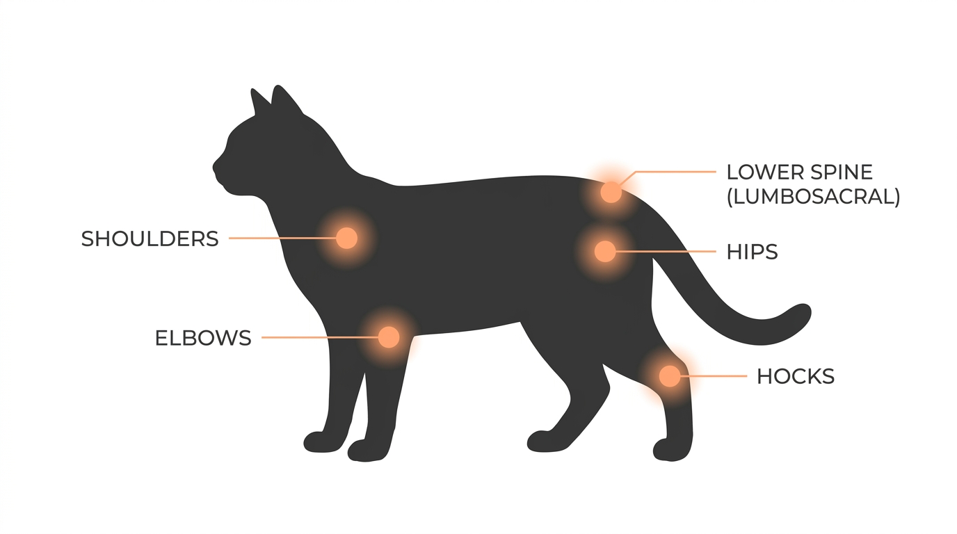 A clean infographic of a cat in profile silhouette with the most commonly affected joints highlighted in soft orange and labelled: elbows, hips, shoulders, hocks and lower spine