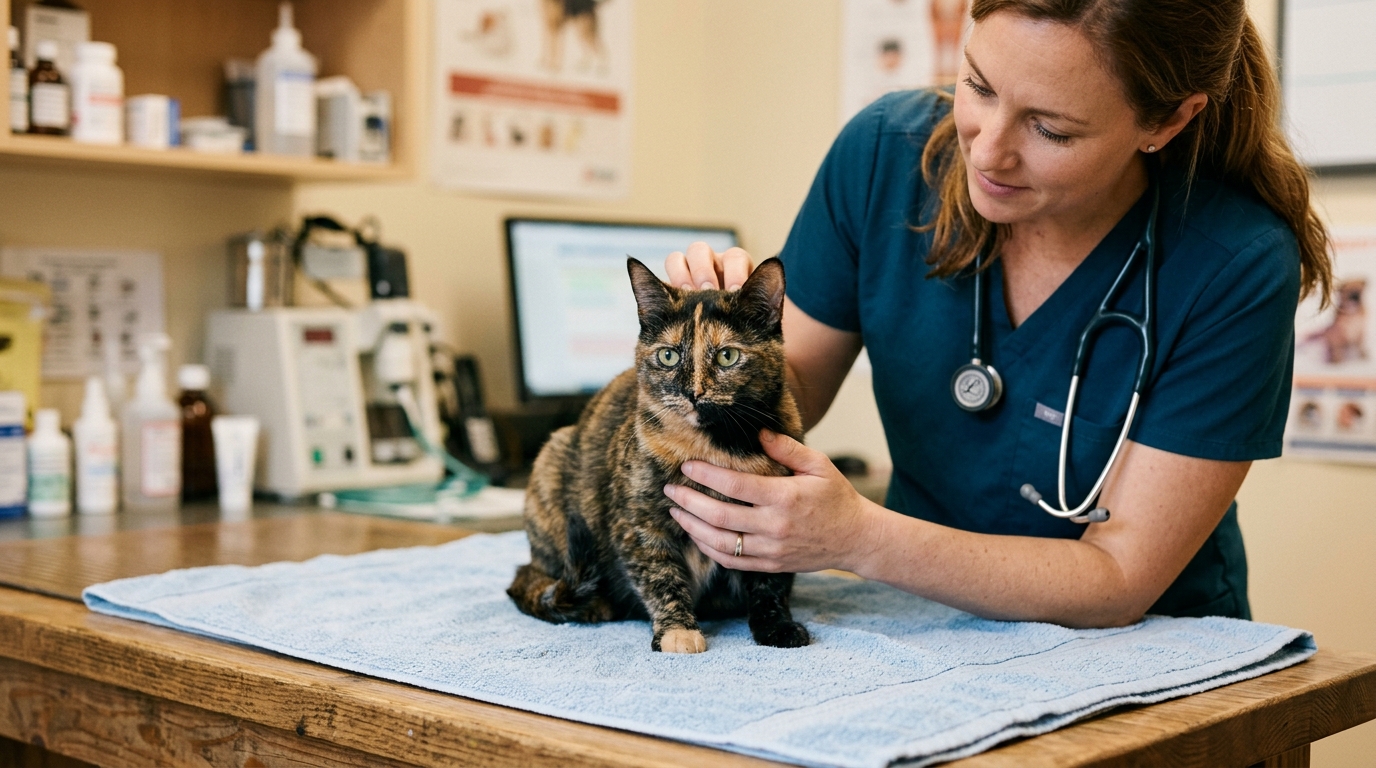 A calm tortoiseshell cat being gently examined by a veterinarian's hands on a consulting table, the vet wearing a stethoscope, soft clinical light