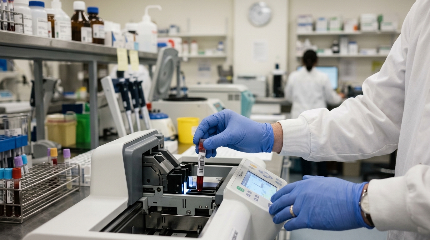 A laboratory technician placing a small blood sample tube into an analyser, soft clinical lighting