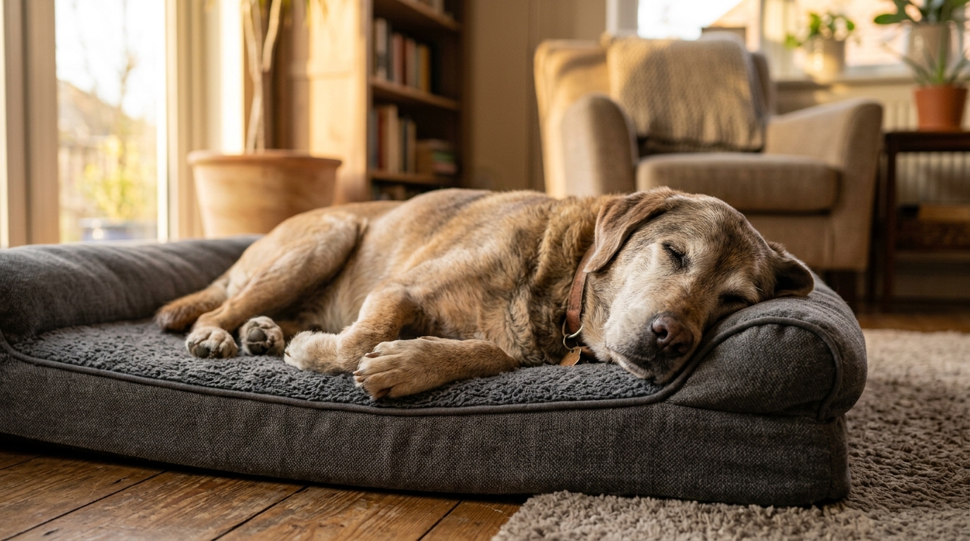 A senior dog lying comfortably on an orthopaedic bed in a warm domestic setting, eyes half-closed and content, soft golden light