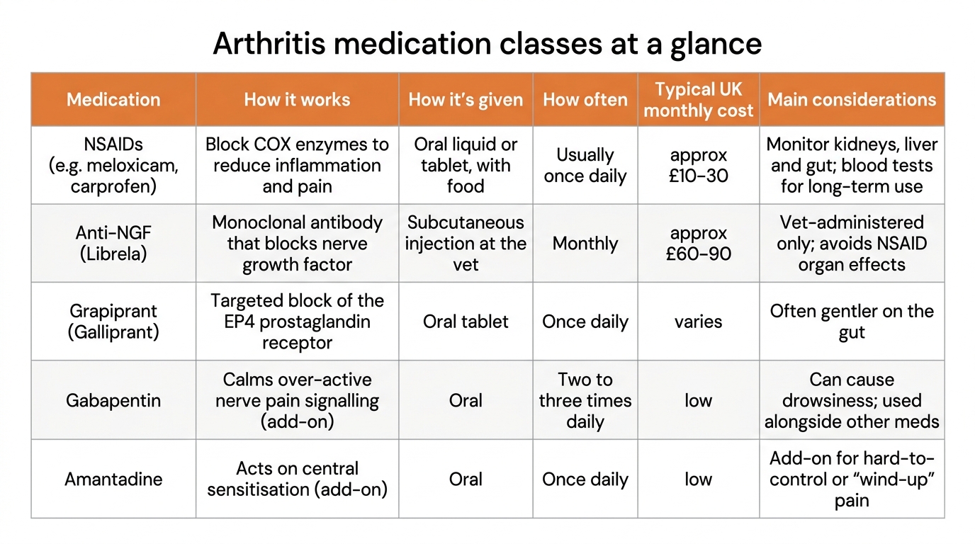 Comparison table of the main arthritis medication classes: NSAIDs, anti-NGF (Librela), grapiprant, gabapentin and amantadine, showing how each one works, how it is given, how often, the rough UK monthly cost, and the main considerations for each