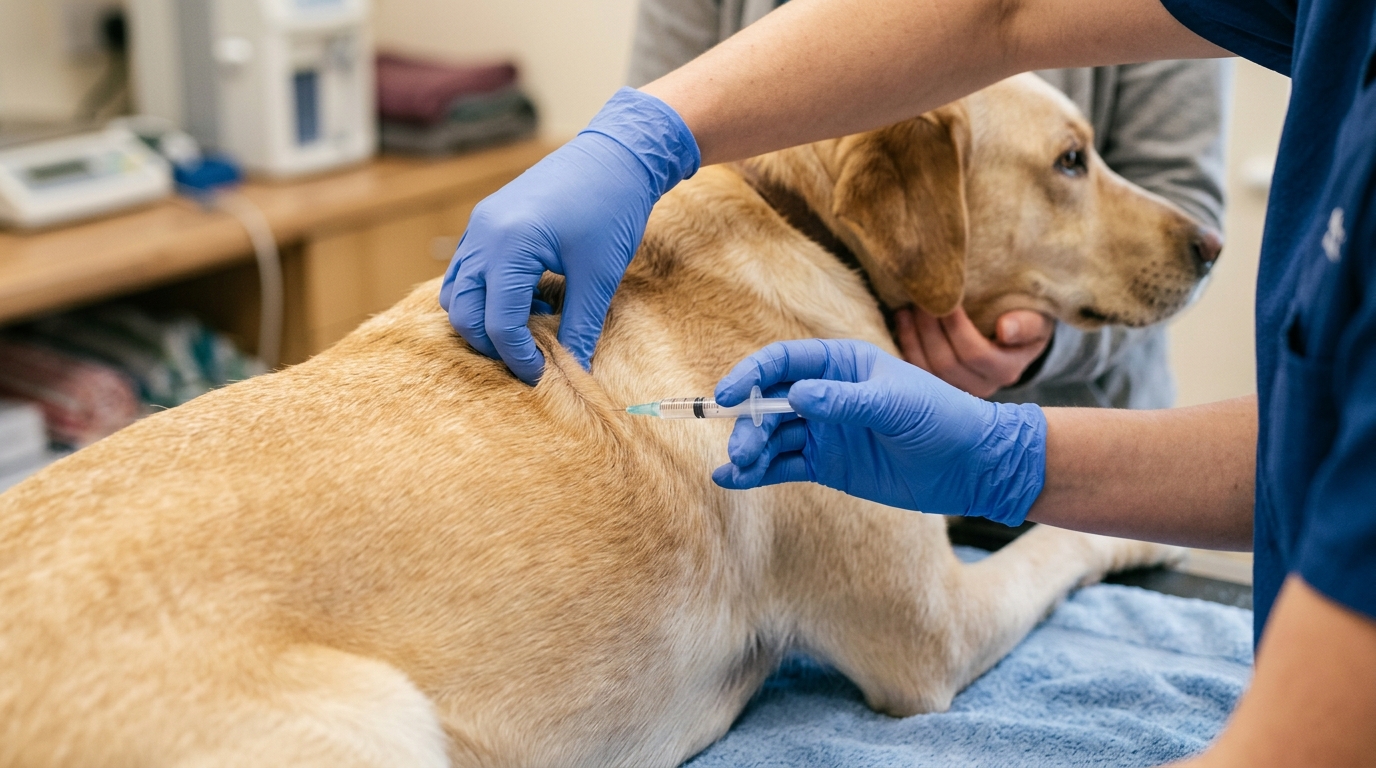 A veterinary professional's gloved hands gently administering a subcutaneous injection between the shoulder blades of a calm dog, soft clinical lighting, focused on careful technique