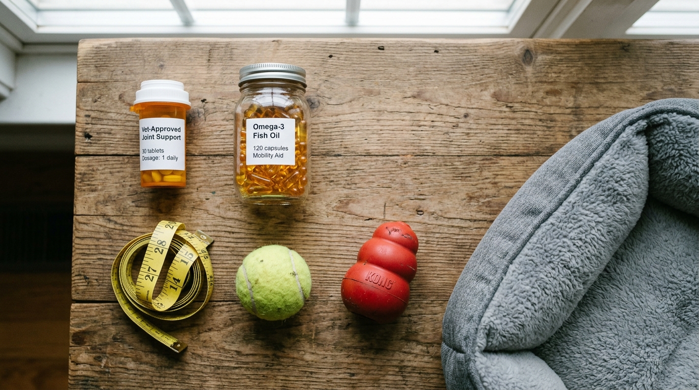 An overhead flat lay on a wooden table showing the components of multimodal arthritis care together: a medication bottle, a jar of fish oil capsules, a tape measure, a chew toy and the corner of a dog bed, soft natural light