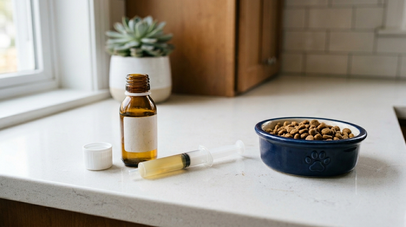A small bottle of liquid NSAID medication with a measuring syringe on a kitchen counter beside a bowl of dog food, soft natural window light