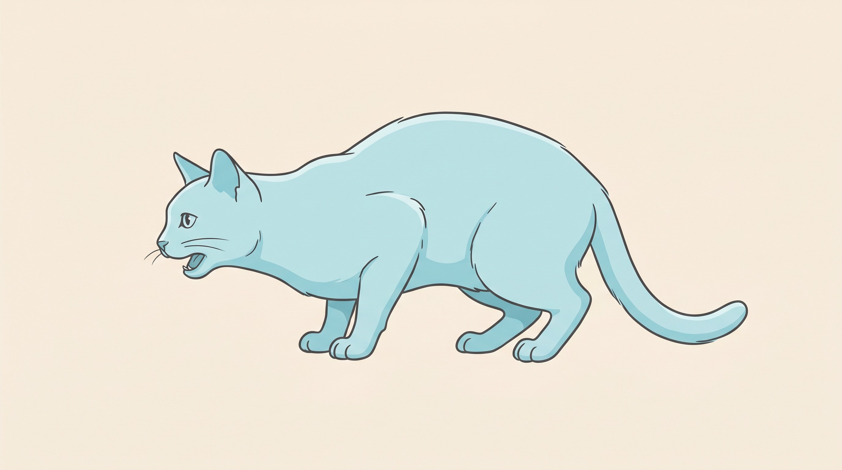 A cat crouched low to the floor with its neck stretched forward and parallel to the ground, in a warm flat-vector style on a cream background