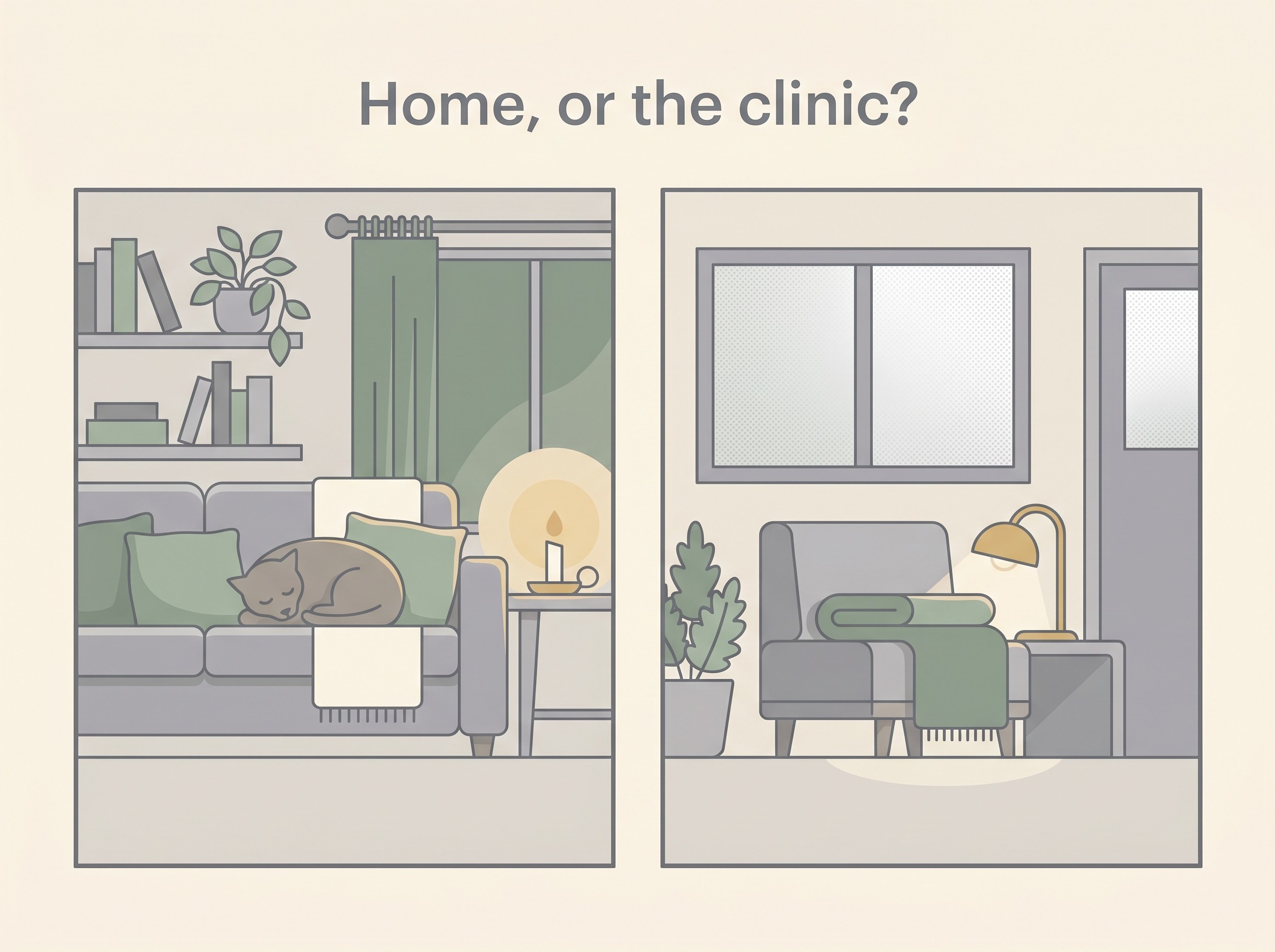 A calm two-panel illustration on warm cream, dove-grey and sage-green, headed "Home, or the clinic?" One side shows a pet resting on a familiar sofa in a quiet living room with a soft candle-gold glow; the other shows a calm, private comfort room at a practice with a blanket and a low lamp. No medical equipment, no alarm colours.