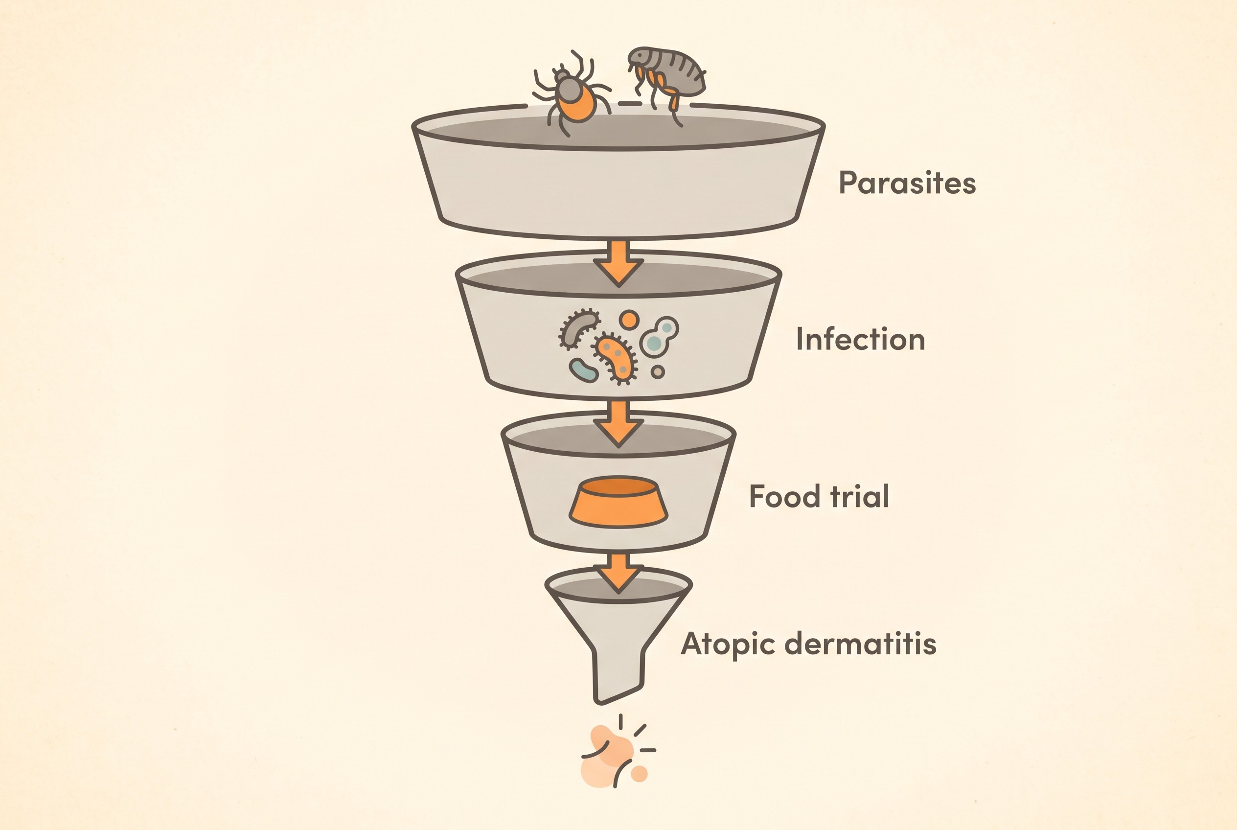 Exclusion funnel: parasites ruled out at the top, infection treated, a strict food trial completed, and atopic dermatitis dropping out of the bottom