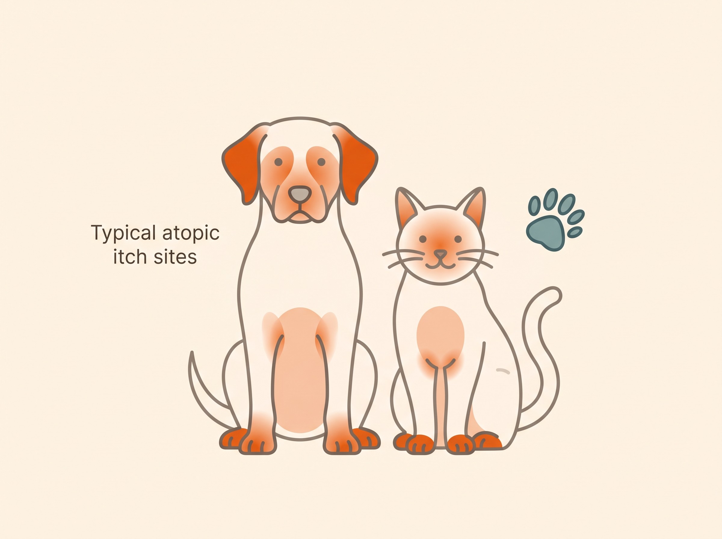 A dog and a cat outline with the typical atopic itch sites shaded: face, ears, paws, armpits and belly, with the rump and ear margins left clear