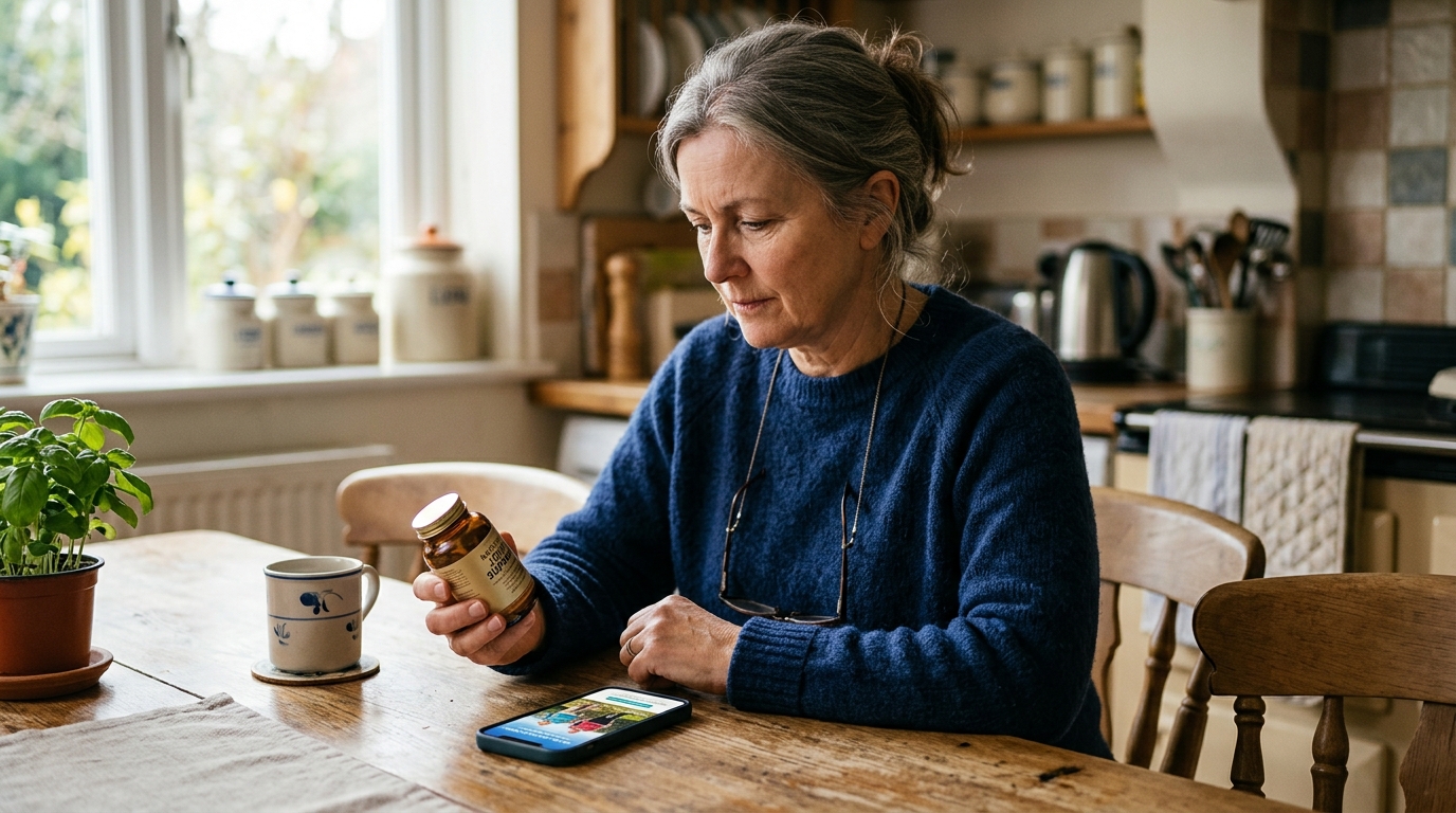 An owner at a kitchen table thoughtfully reading the label on a joint-supplement pot with a slightly sceptical expression, a phone showing an advert beside it, soft natural light