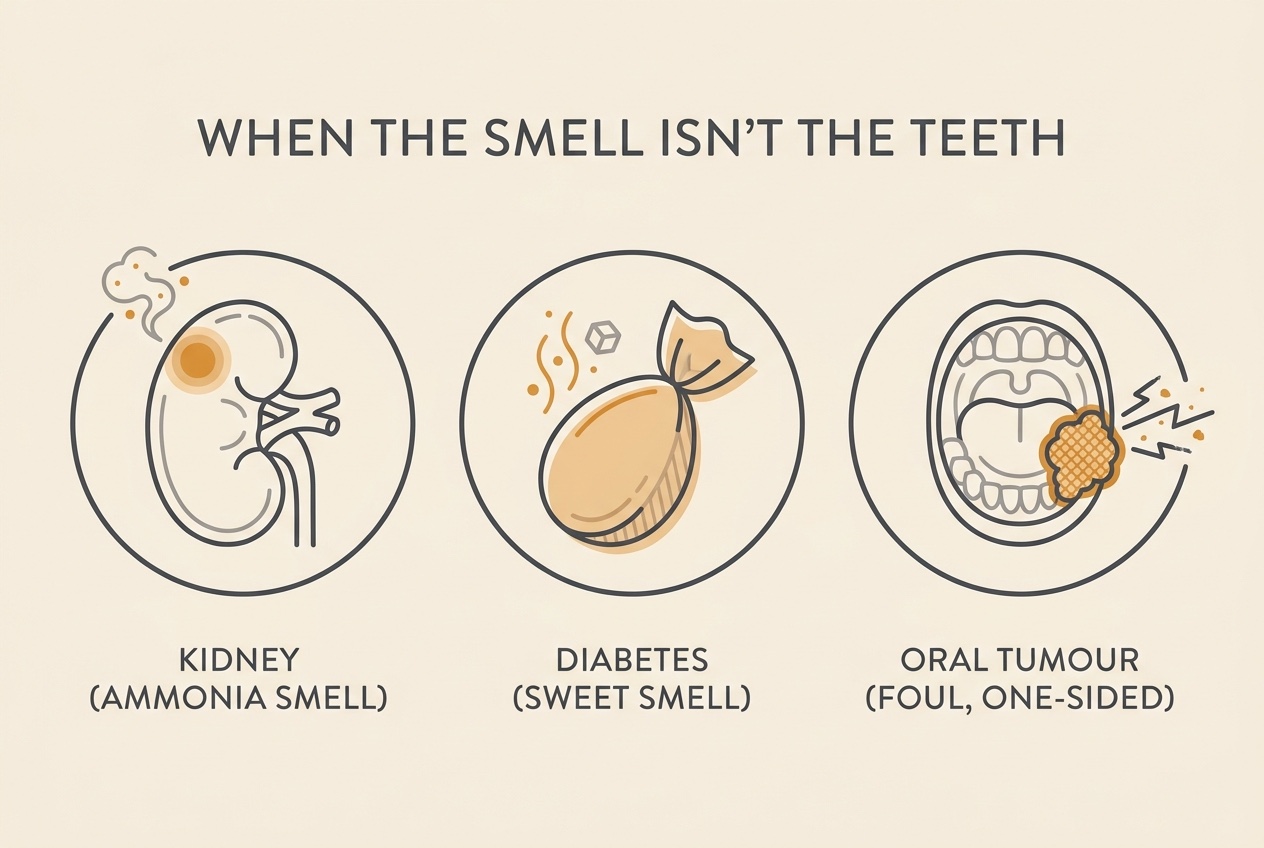 Flat icon row on cream headed WHEN THE SMELL ISN'T THE TEETH, with three simple icons and verbatim labels: a kidney shape labelled KIDNEY (AMMONIA SMELL), a sweet-drop shape labelled DIABETES (SWEET SMELL), and a small mass labelled ORAL TUMOUR (FOUL, ONE-SIDED), in soft charcoal with a restrained amber accent.