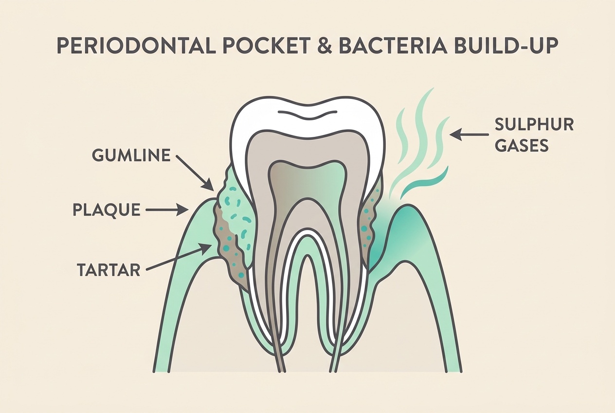 Flat diagrammatic cross-section of a tooth and gumline on cream, showing a build-up of plaque and tartar at the gumline with small wafting lines labelled SULPHUR GASES rising from the pocket between tooth and gum, labels PLAQUE, TARTAR and GUMLINE in soft charcoal with a mint accent.