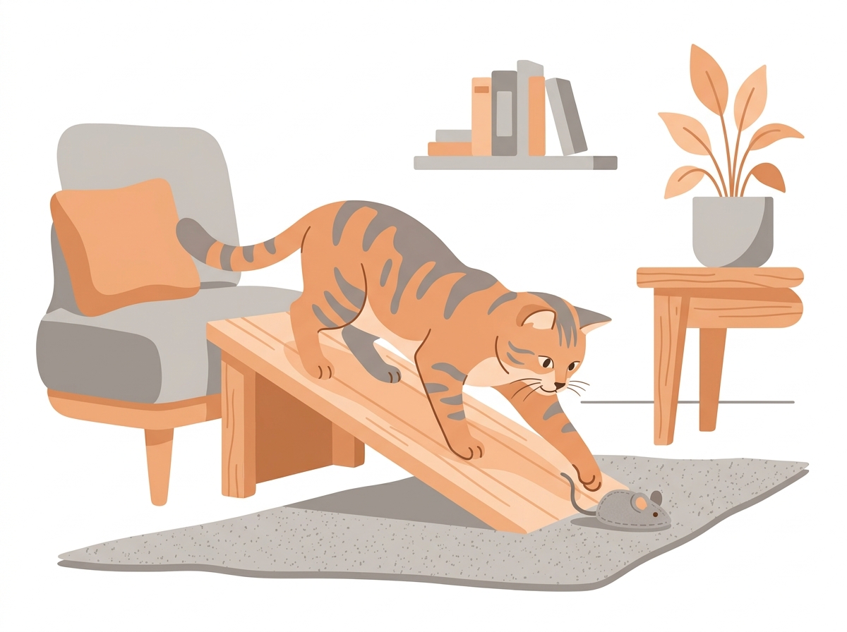 A cat choosing to move naturally at home via a ramp and floor-level play