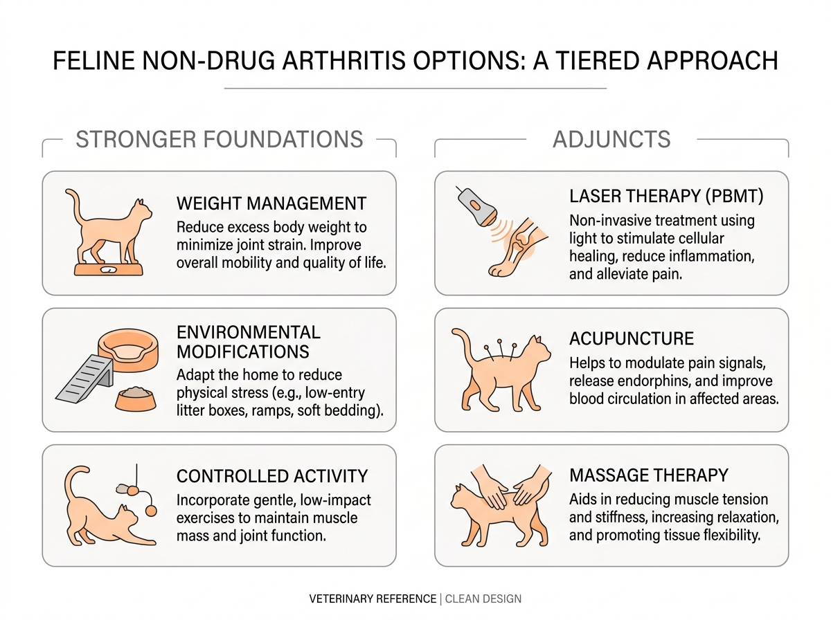 Feline non-drug options tiered by evidence strength and how well cats tolerate them