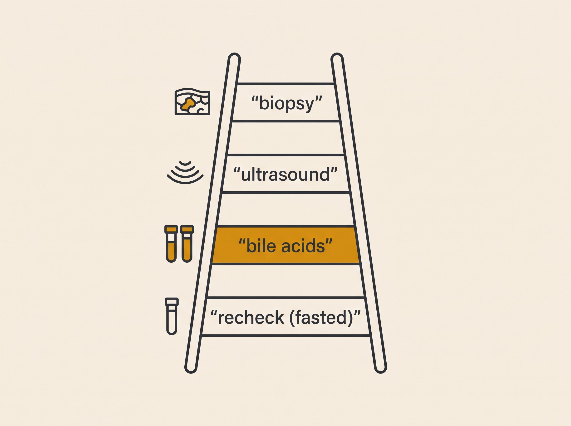 A simple flat-vector ladder diagram, four rungs labelled recheck fasted, bile acids, ultrasound, biopsy, with bile acids highlighted in amber, on cream with charcoal linework