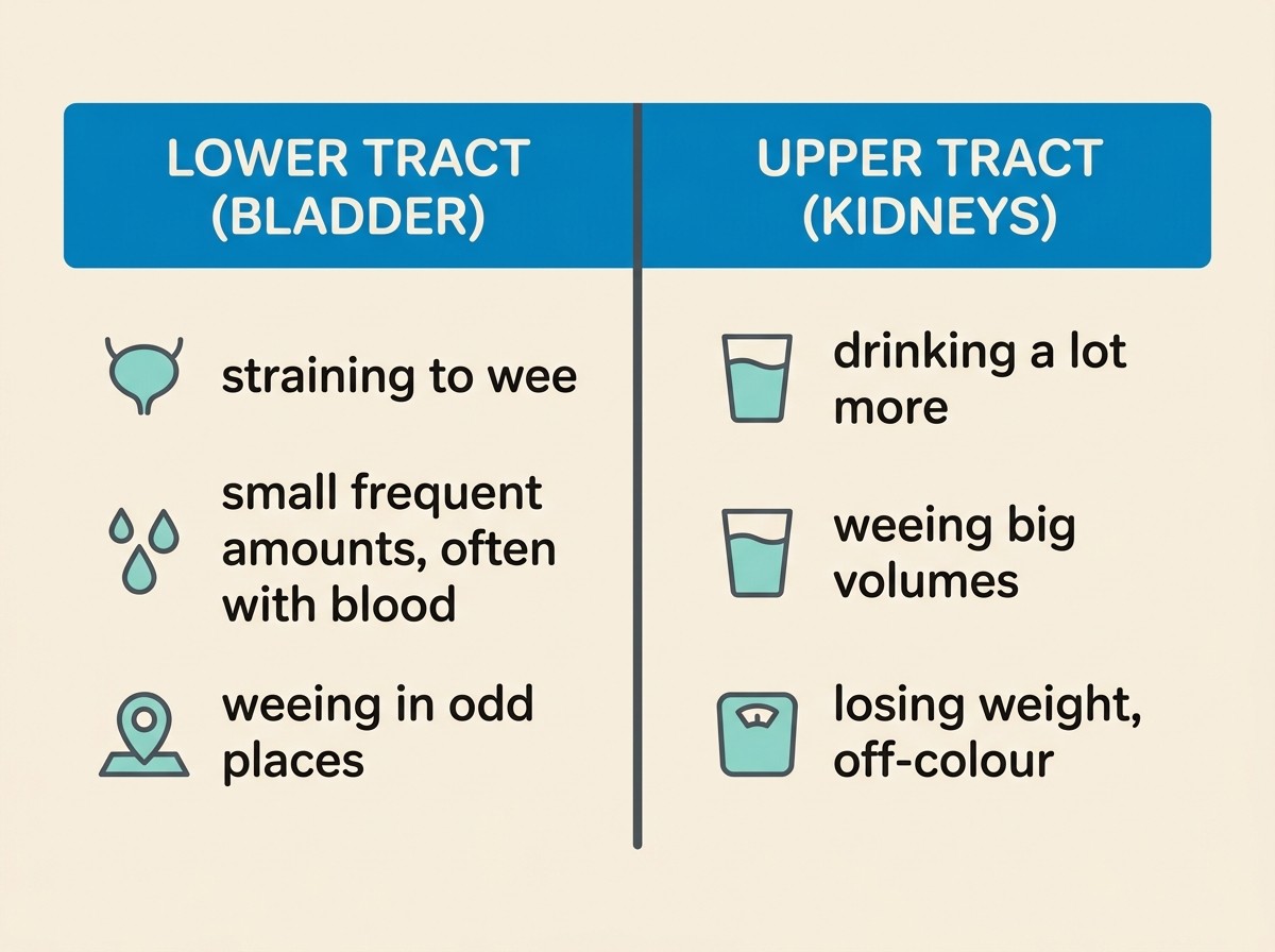 Flat vector comparison card on a cream background, split down the middle. Left side headed “lower tract (bladder)” with three lines: “straining to wee”, “small frequent amounts, often with blood”, “weeing in odd places”. Right side headed “upper tract (kidneys)” with three lines: “drinking a lot more”, “weeing big volumes”, “losing weight, off-colour”. Water-blue headers, soft charcoal text, small aqua icons, no clinical imagery.