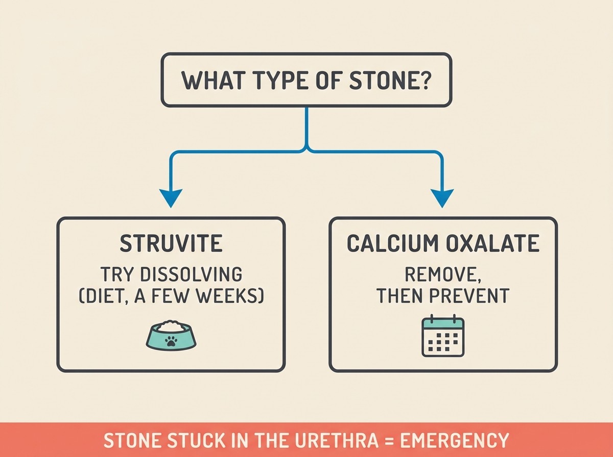 Flat vector decision-card illustration on a cream background. A heading WHAT TYPE OF STONE? forks into two paths: STRUVITE leads to TRY DISSOLVING (DIET, A FEW WEEKS); CALCIUM OXALATE leads to REMOVE, THEN PREVENT. A small coral footer band reads STONE STUCK IN THE URETHRA = EMERGENCY.