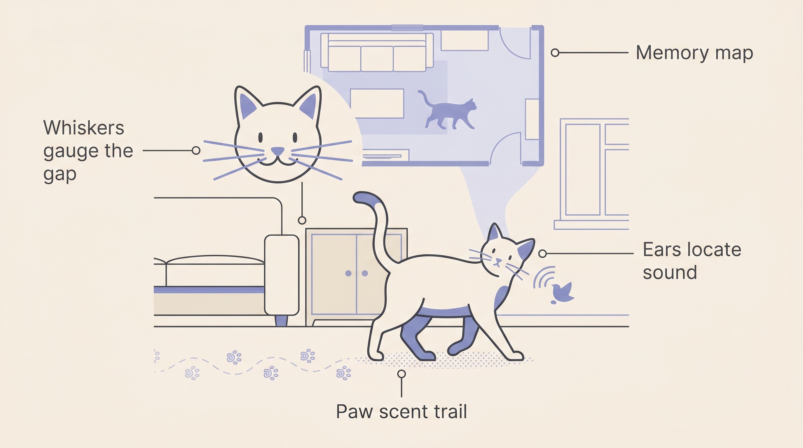 Flat illustration on a cream background of a cat in a living room with four labelled cues: whiskers gauging a gap, paw scent glands leaving a trail, ears locating a sound, and a faint memory map of the room